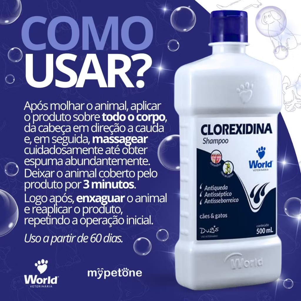 Kit 2 Shampoo World Veterinária Dug`s Clorexidina Cães e Gatos-500mL