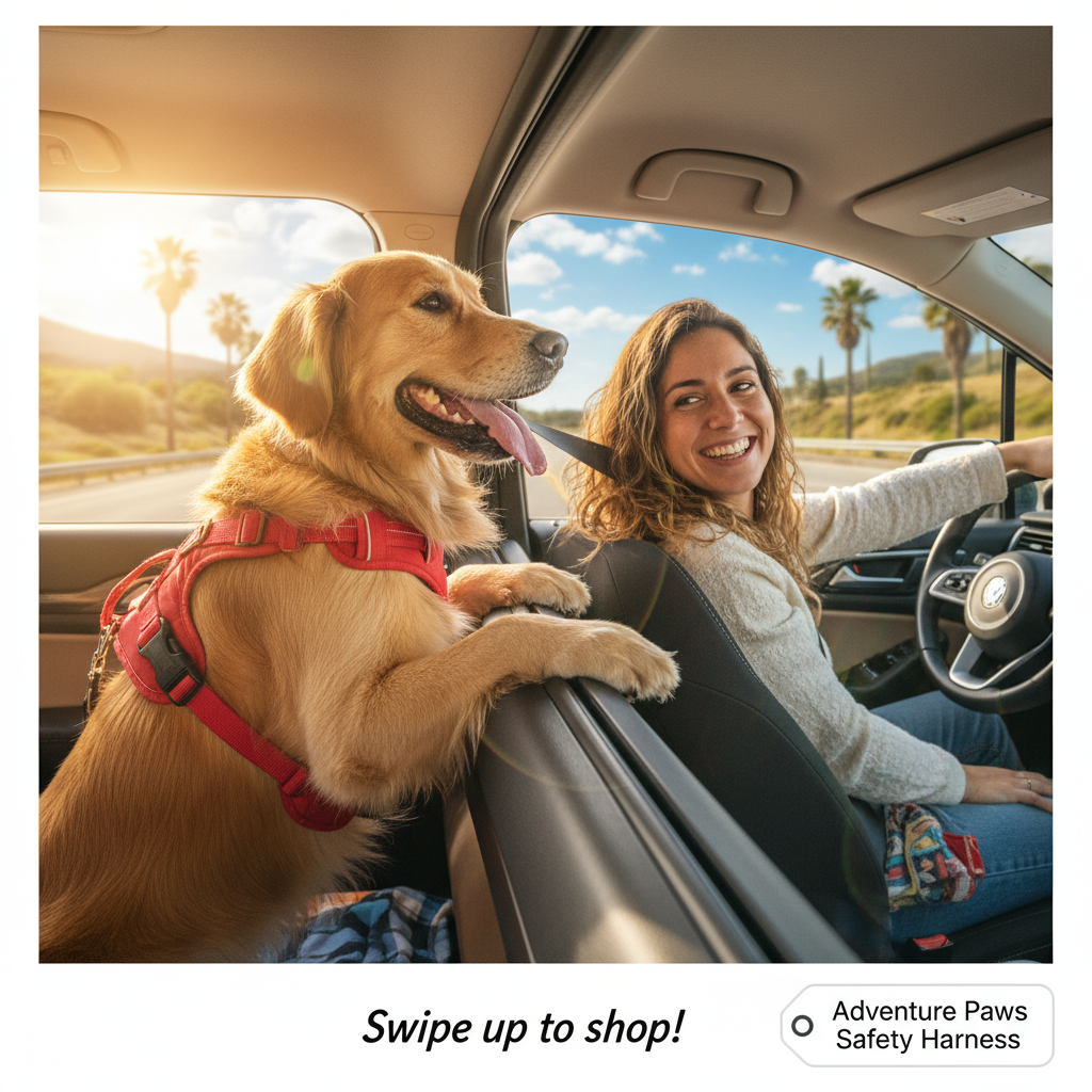Cachorro feliz com coleira de segurança no carro